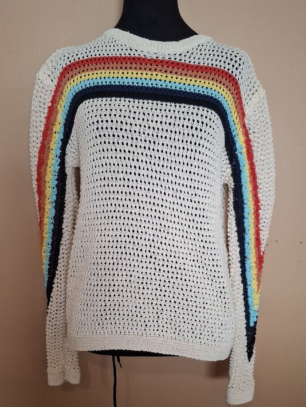 Vintage Boho Rainbow Stripe Crochet Pullover Lightweight Crewneck Sweater